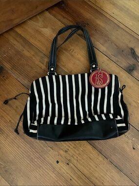 kate spade Black and White Striped Tote with Red Monogram Charm